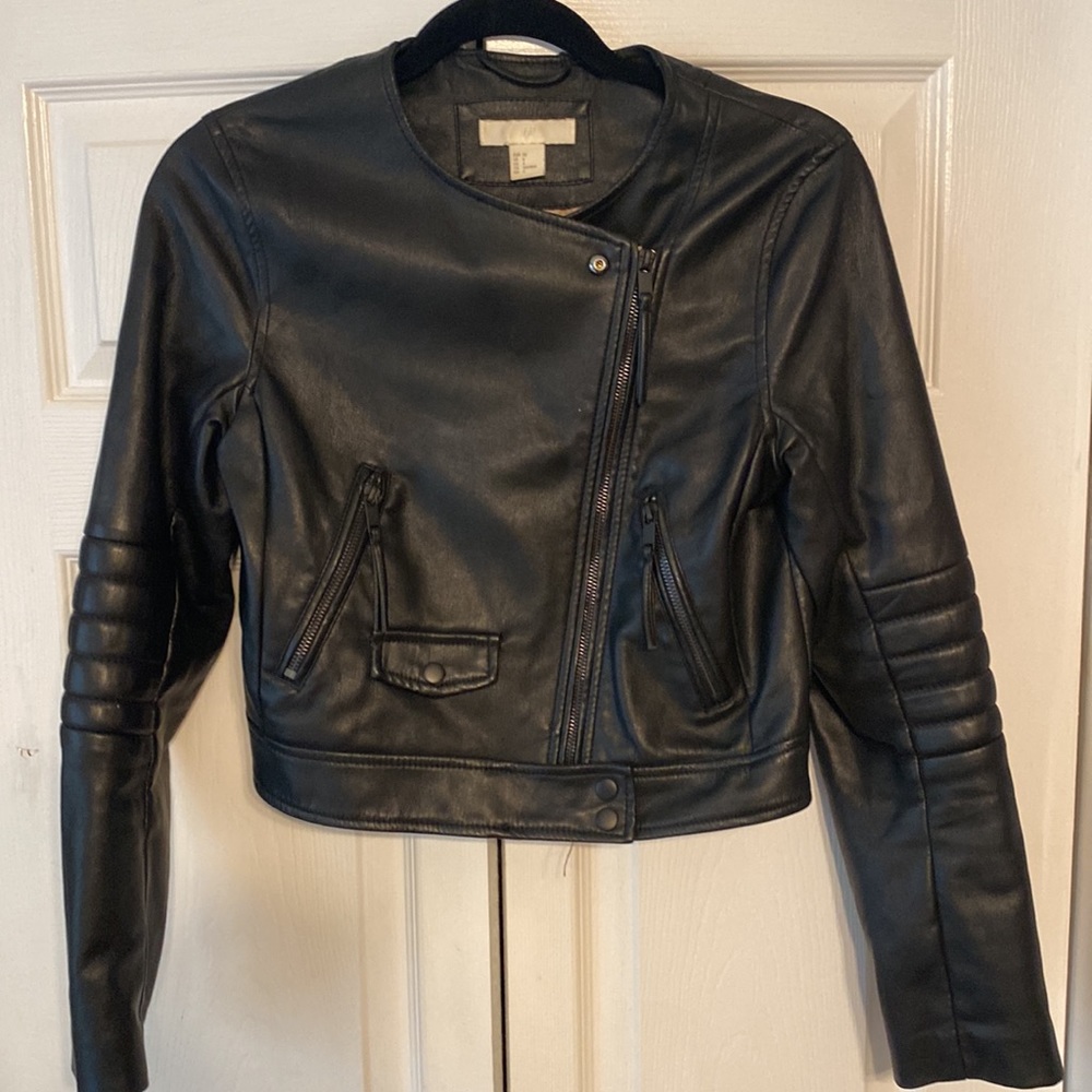 H&M black pleather jacket, cropped back, size 6